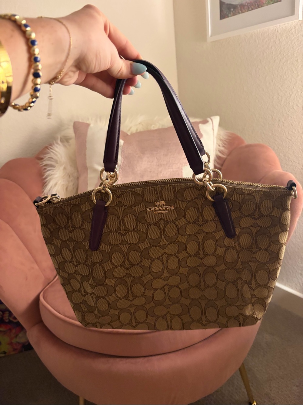 Coach Brown Signature Canvas Shoulder Bag with Dark Purple Handles